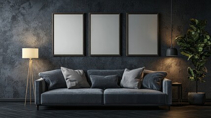 Mock-up frames in a dark home interior with a sofa, showcasing a loft- ambiance, 