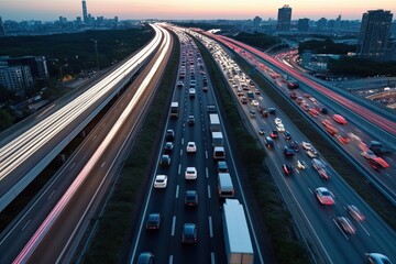 Fototapeta premium Aerial View of Urban Traffic Jam on Multilane Freeway with Vehicle Light Trails in Busy Cityscape at Dusk