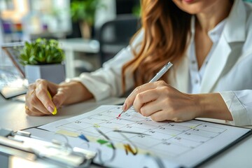 Close-up of a businesswoman marking a day on a calendar at her desk in the office.
