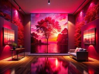 Vibrant crimson shades swirl across a vast expanse, unfurling an otherworldly radiance that envelops the viewer in a sensory odyssey.