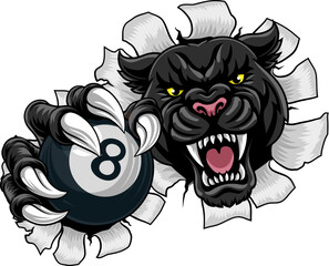 Black panther leopard or jaguar cat pool billiards sports team mascot holding a black 8 billard ball © Christos Georghiou