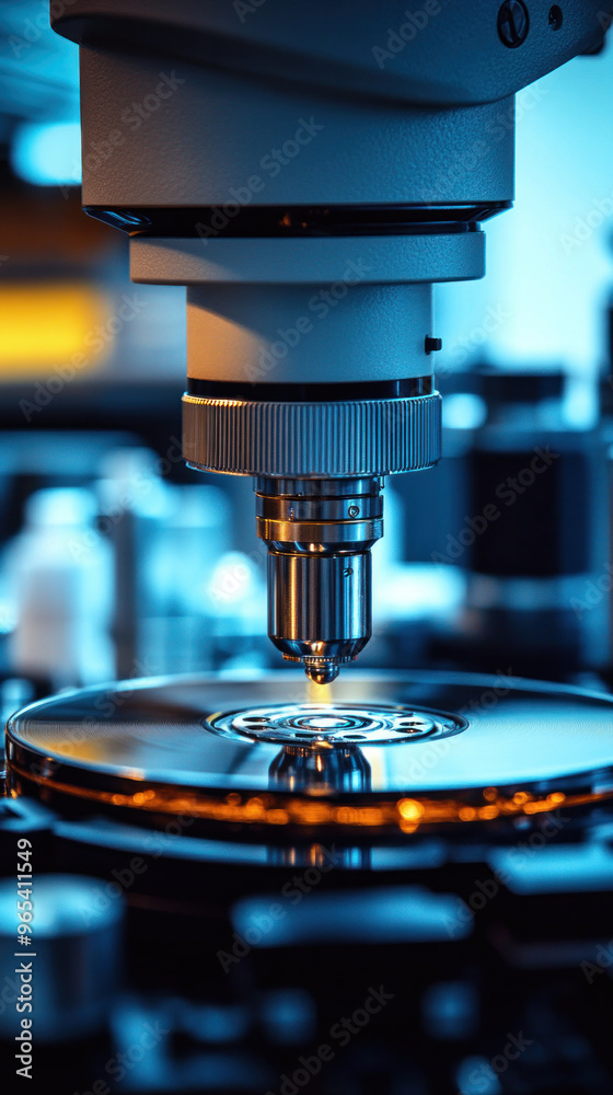 Poster a microscope is focused on a cd. the cd is being burned with a laser. concept of technology and the 