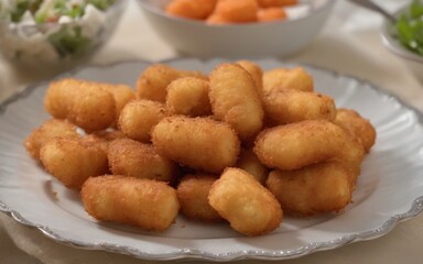 Golden-brown fried tater tots on white tablecloth with salad and
