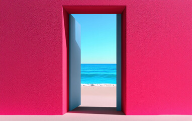 A vibrant pink wall frames an open doorway, revealing a stunning beach and serene ocean view on a clear, sunny day.