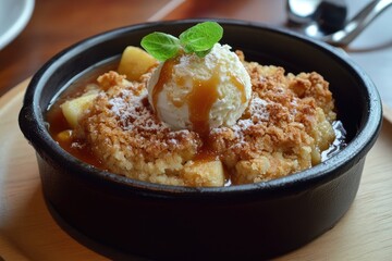 A warm apple crumble topped with salted caramel sauce and a scoop of vanilla ice cream