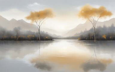 Abstract landscape painting with white background, featuring yel