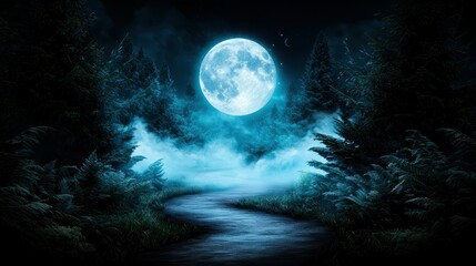 Mysterious moonlit path winding through a foggy forest.