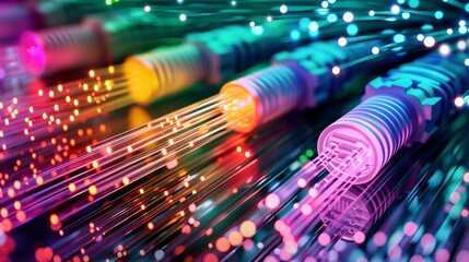 60. Conceptual illustration of fast data fiber transfer, featuring interconnected glowing cables and light pulses