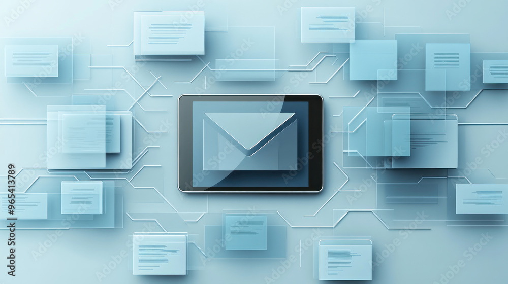 Poster a tablet with a blue screen showing a message on it. the tablet is surrounded by many small squares,