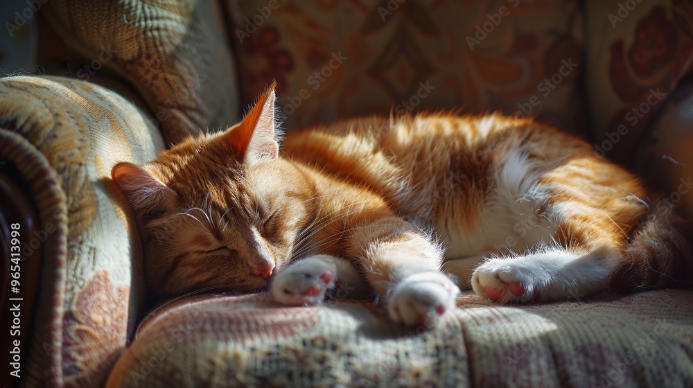 Wall mural 70. House cat napping in the sun on a comfortable chair, with light filtering through the window and casting a serene glow