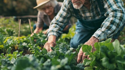 Fototapeta premium 73. Close-up of senior hands gently picking vegetables, with the couple in the background enjoying their garden work