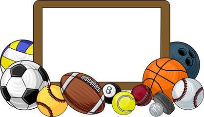 Sport ball sign board background frame surrounded by sports balls with copyspace. © Christos Georghiou