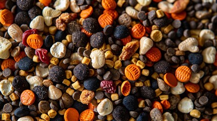 82. Close-up of assorted dried pet food for dogs and cats, with a mix of kibble sizes and shapes, highlighting nutritional variety