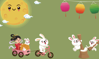Naklejka premium Mid-Autumn Fun with Bunnies and Moon Goddess