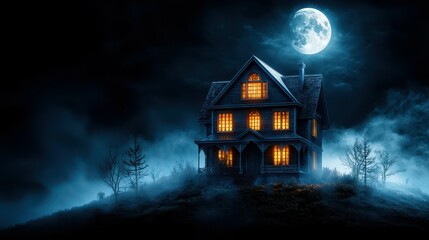 Spooky old house illuminated by moonlight, surrounded by misty woods at night.