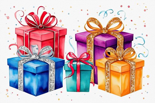 Joyous New Year and Birthday Gift Boxes with Shimmering Bows - Watercolor Illustration on White Background