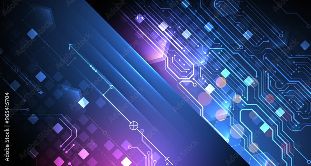 Poster abstract technological illustration with neon lights on a dark blue gradient background. this vector