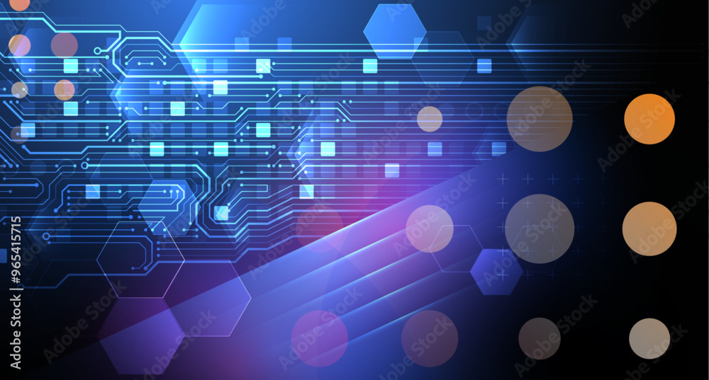 Poster abstract technological illustration with neon lights on a dark blue gradient background. this vector
