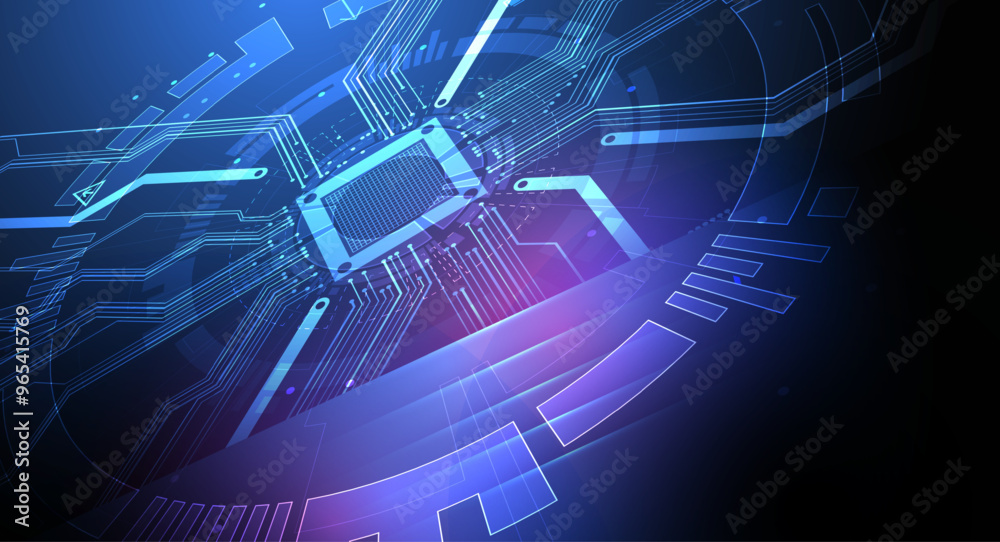 Poster abstract technological illustration with neon lights on a dark blue gradient background. this vector