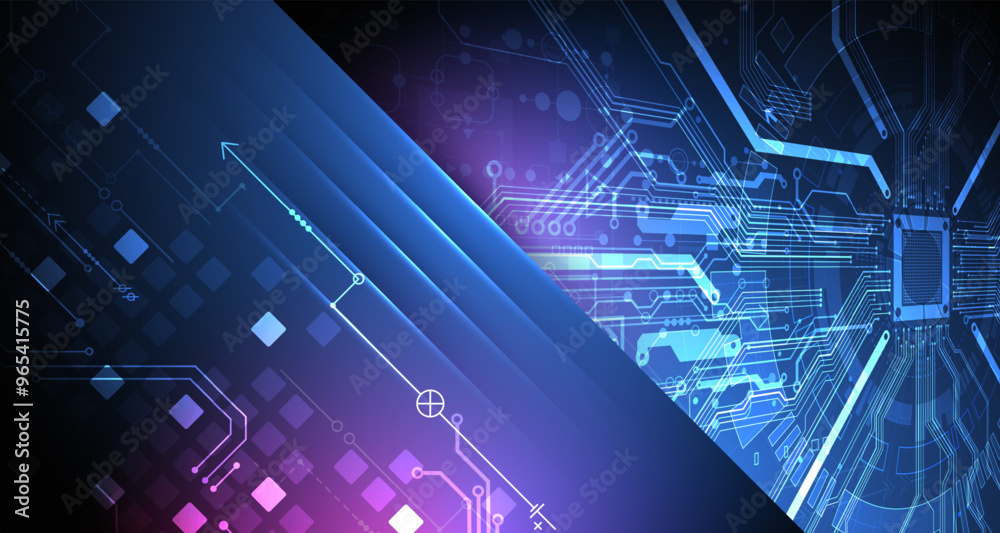 Poster Abstract technological illustration with neon lights on a dark blue gradient background. This vector was hand drawn.
