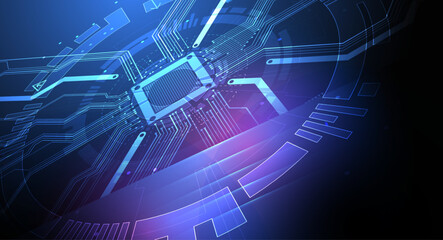 Abstract technological illustration with neon lights on a dark blue gradient background. This vector was hand drawn.