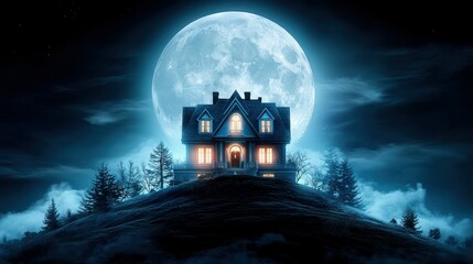 A spooky house on a hill illuminated by a glowing full moon in a dark atmosphere.