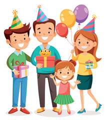 Happy family celebrating birthday holding gifts and balloons