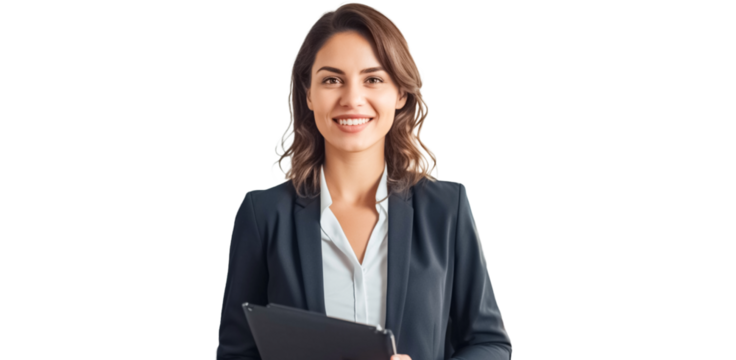 Successful businesswoman standing holding tablet pc on transparent background PNG.


