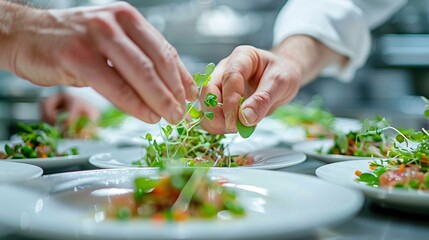 103. Hands delicately placing microgreens on a gourmet dish, highlighting the precision and elegance of fine dining in a commercial kitchen