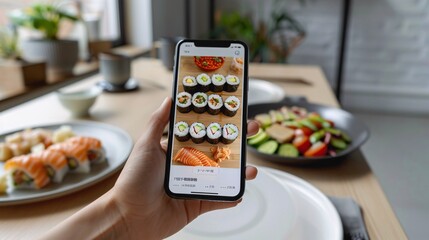 111. Smartphone screen displaying an online food delivery app with options for pizza, pasta, and sushi, set against a stylish dining table background