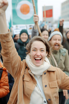 A passionate woman shouting in a diverse group of people during a dynamic street protest, chanting for social justice and political change in an urban setting, advocating for human right and equality.