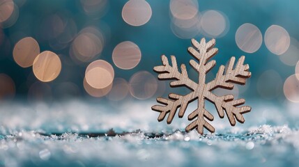 118. Elegant wooden snowflake decoration placed on a blue backdrop with dreamy bokeh lighting, capturing the essence of winter