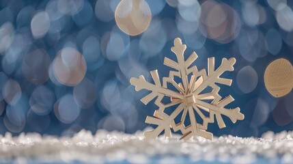118. Elegant wooden snowflake decoration placed on a blue backdrop with dreamy bokeh lighting, capturing the essence of winter