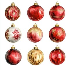 Beautiful collection of festive Christmas ornaments in red and gold. Perfect for holiday decoration and seasonal designs.