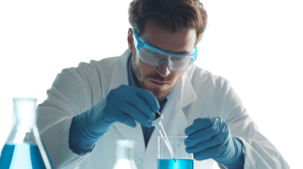 Scientist in Lab Coat with Pipette and Beaker Doing Experiment