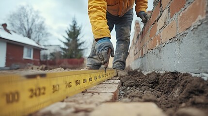 A bricklayer using a measuring tape to ensure the accuracy of a brick wall’s alignment, with a half-built wall in the background. 
