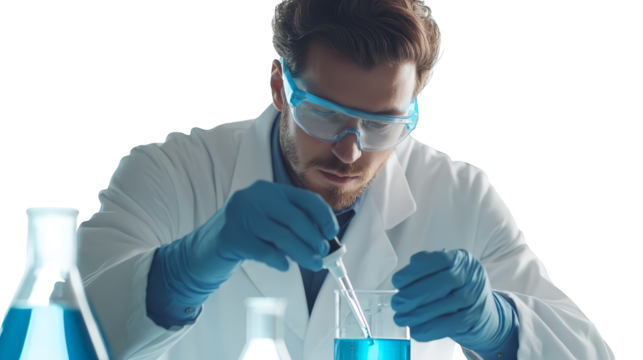 Scientist in Lab Coat with Pipette and Beaker Doing Experiment
