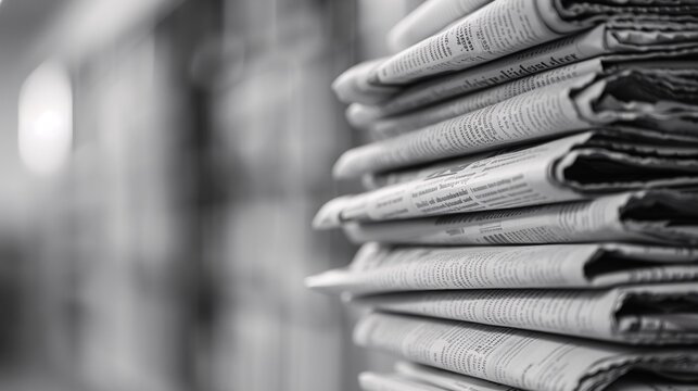 126. Stack of neatly piled newspapers in focus, with a softly blurred background, highlighting the texture and details of the printed pages