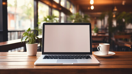 Laptop with coffee on table in café