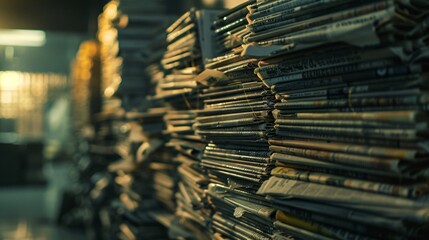130. Detailed view of newspaper stacks, with the background intentionally blurred, emphasizing the importance of printed news media