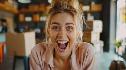 A Young blonde woman working in a small e-commerce business Her wild and surprised celebration with wide eyes. and screamed with excitement at the success