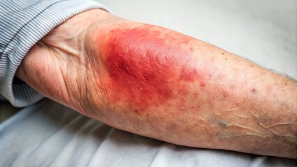 "A close-up of a swollen and inflamed vein with a redness and warmth on the medical patient's arm, indicative of thrombophlebitis symptom"