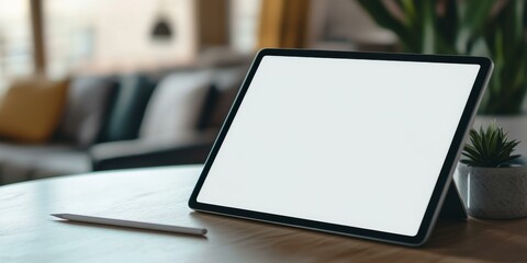 Tablet, stylus, plant, wooden table, blank screen.