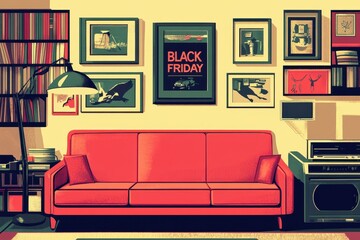 Modern living room with bright red couch and eclectic artwork on the walls during a cozy evening