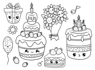 Holiday set. Cute kawaii cartoon character. Birthday festive cake with candles and strawberries, piece sweet dessert, bouquet flowers, balloon and gif. Isolated vector outline drawings, coloring book