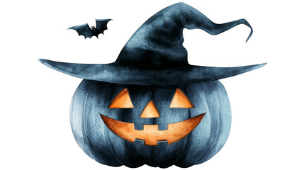 Halloween Pumkin with Witch Hat Watercolor Illustration