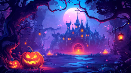 A glowing jack-o'-lantern lights up the eerie graveyard where a haunted house looms. Mysterious creatures wander in a fantasy landscape on Halloween night
