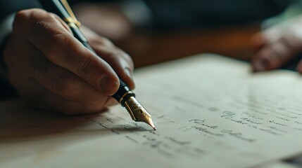 158. Person signing a formal document with a classic fountain pen, with a blurred background to emphasize the writing action