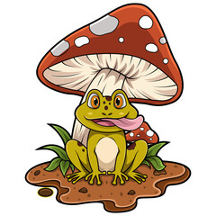 Cartoon froge palying under the mushroom 