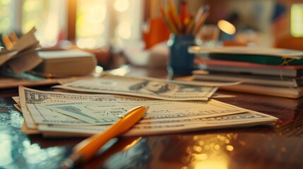 169. Close-up of a scholarship award letter, with money and school supplies in the background, highlighting the financial aid process